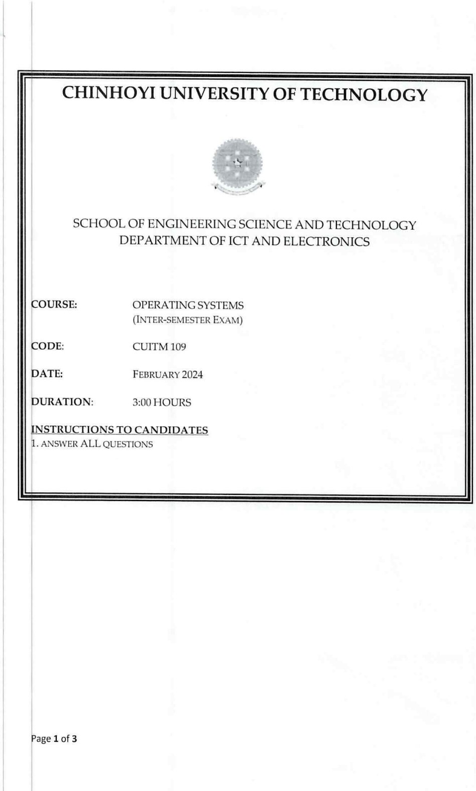 First page of CUITM109 Operating Systems February 2024 Question Paper
