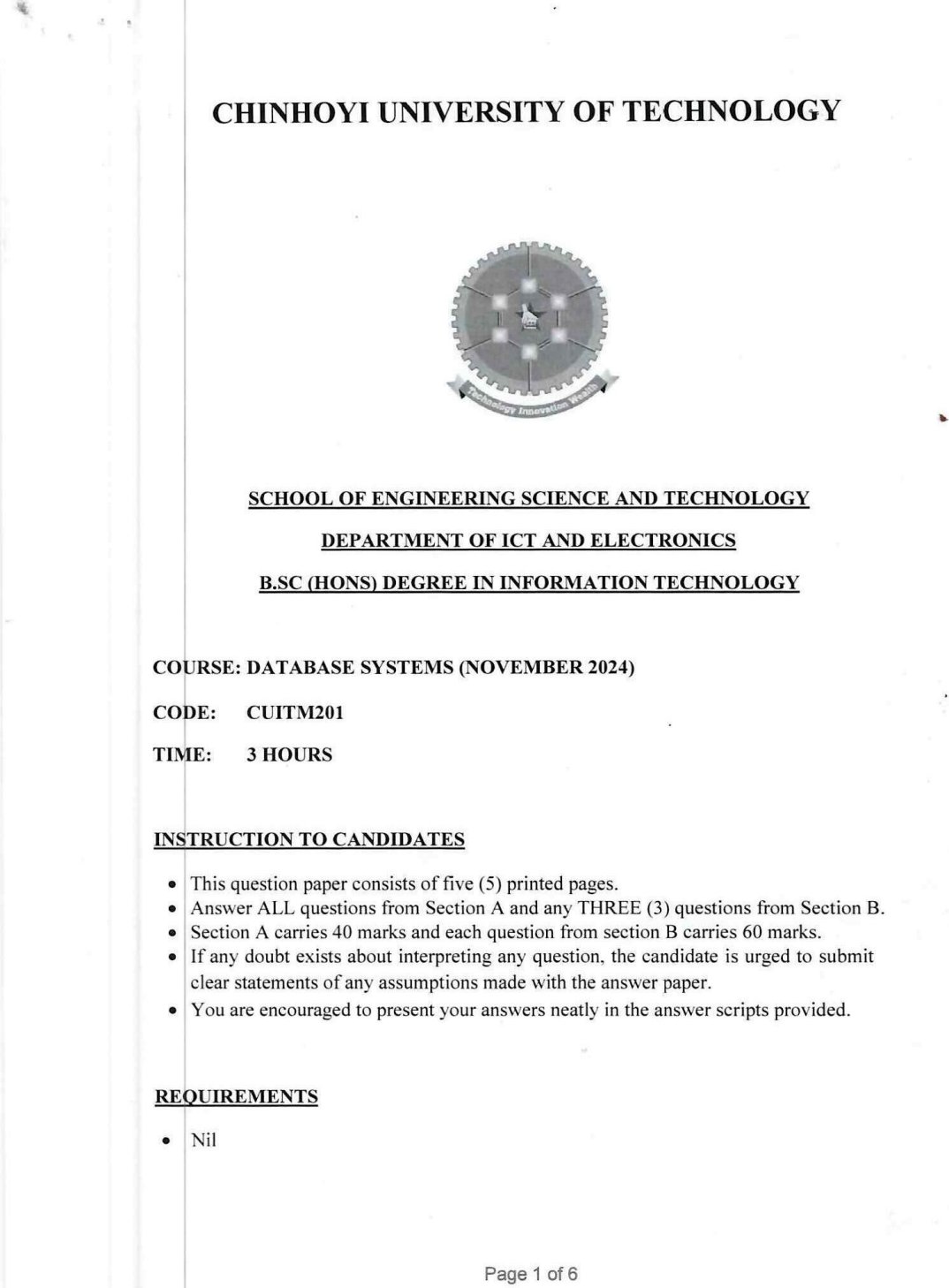 First page of CUITM201 Database Systems November 2024 Question Paper
