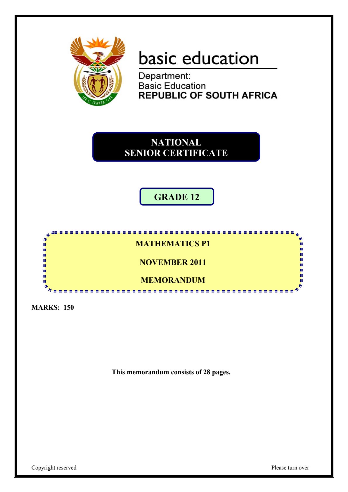 First page of DBE NSC Mathematics Paper 1 November 2011 Marking Scheme
