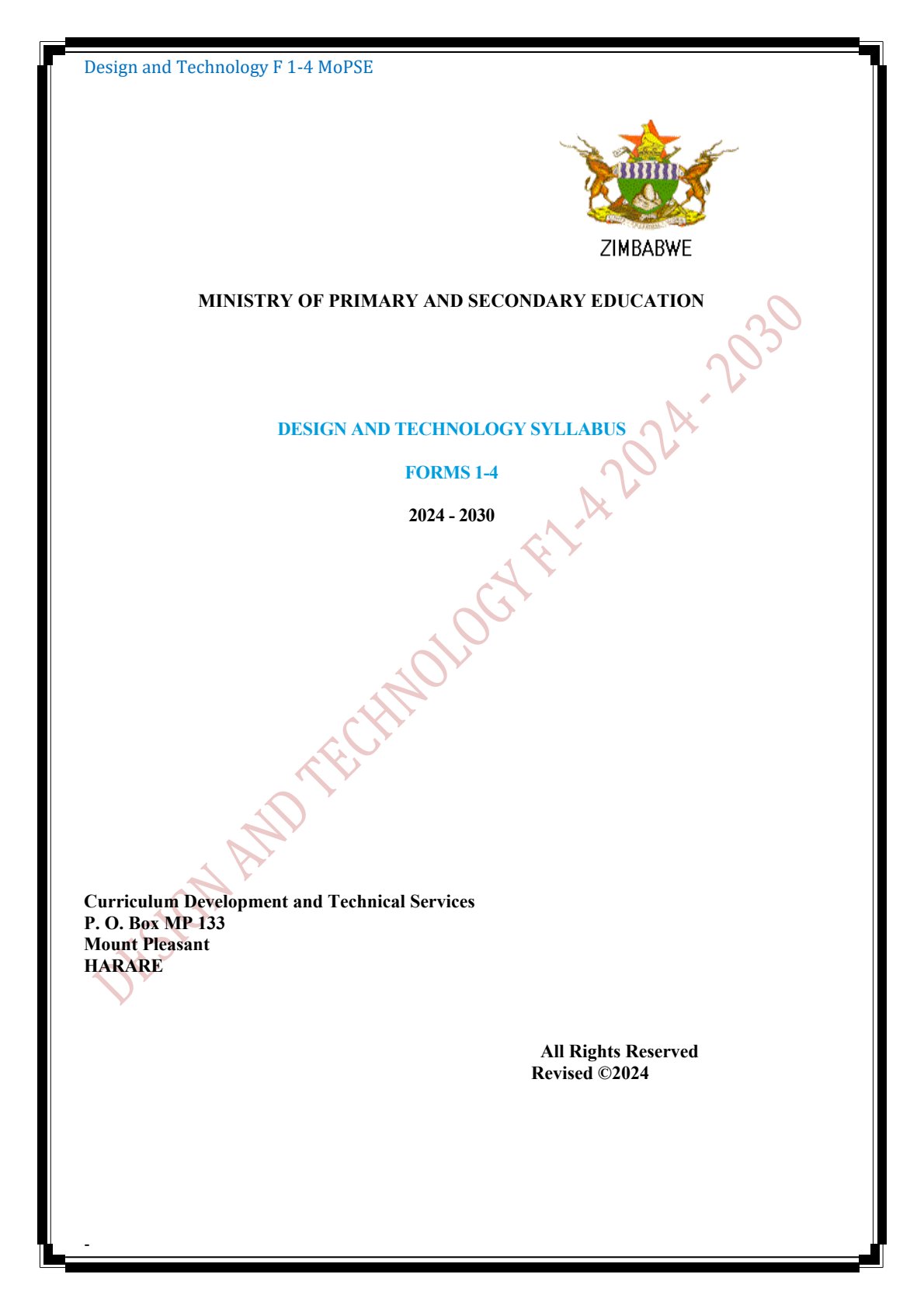 First page of Design and Technology Syllabus Forms 1-4