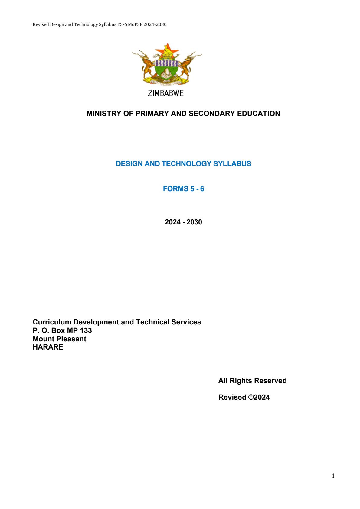 First page of Design and Technology Syllabus Forms 5-6 2024-2030