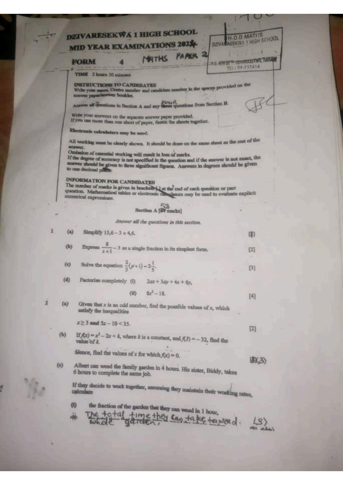 First page of Dzivarasekwa 1 High School O-Level Mathematics Mid Year 2024 Question Paper