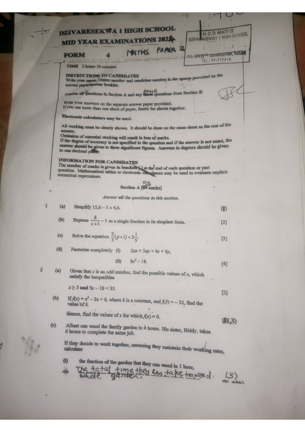 First page of Dzivaresekwa 1 High School Form 4 Mathematics Midyear 2024 Question Paper