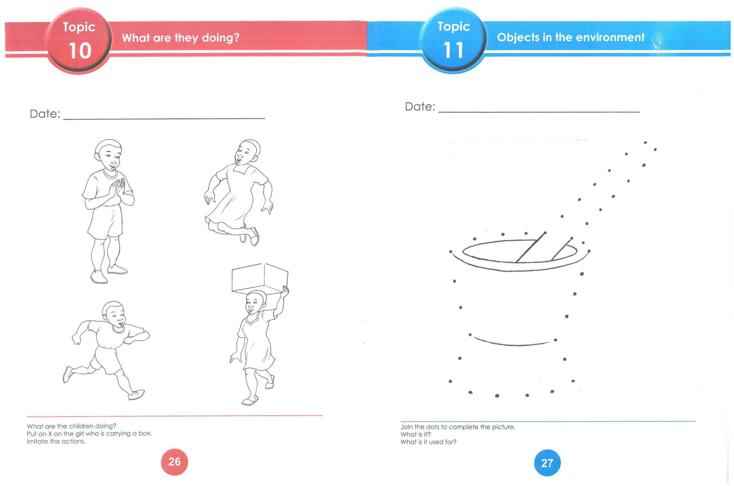 First page of ECD B English Language What are they doing?; Objects in the environment Worksheet Zimbabwe