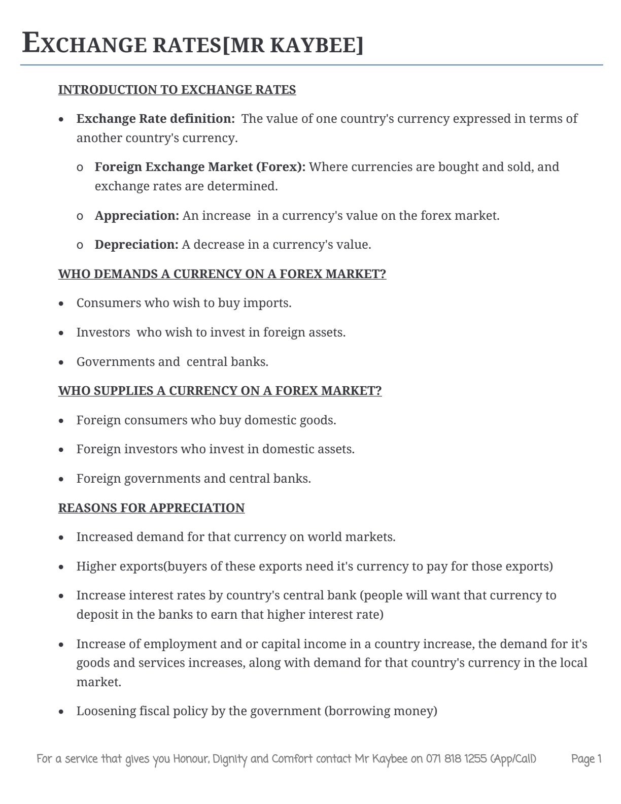 First page of Economics Exchange Rates Notes Zimbabwe