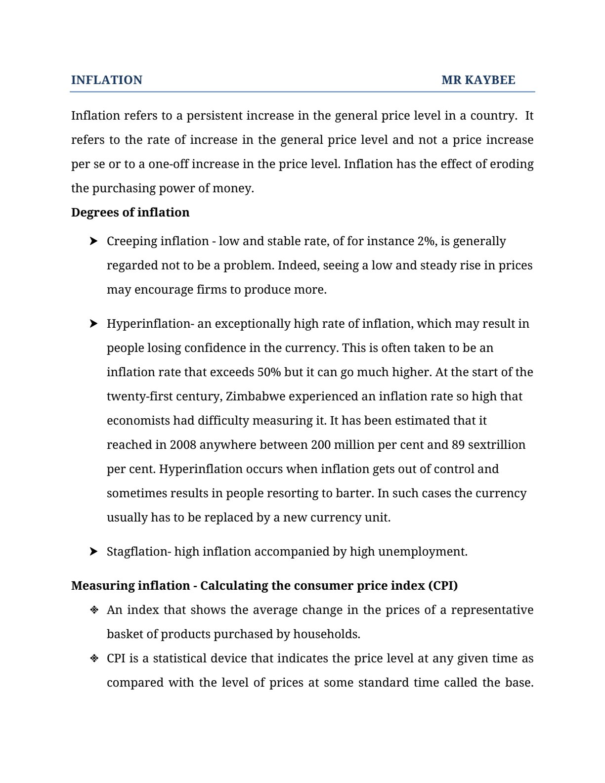 First page of Economics Inflation Notes Zimbabwe