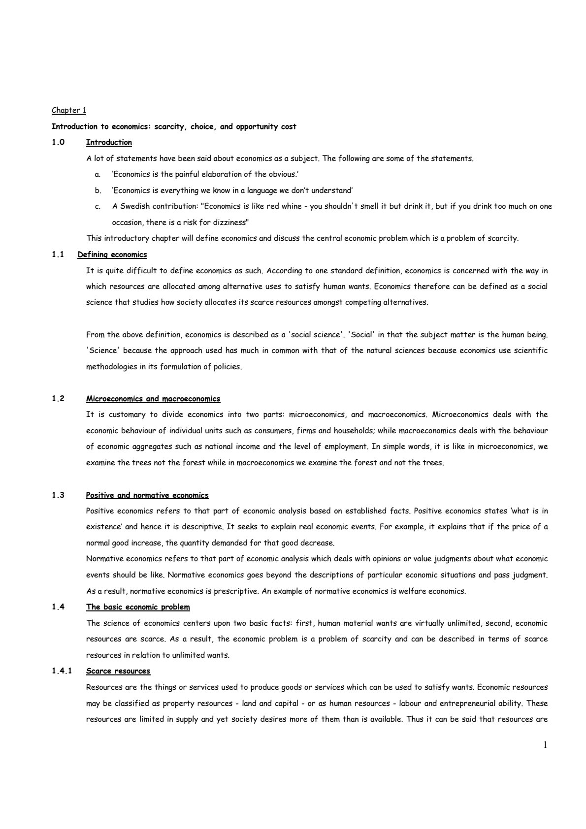 First page of Economics Introduction to economics: scarcity, choice, and opportunity cost Notes Zimbabwe