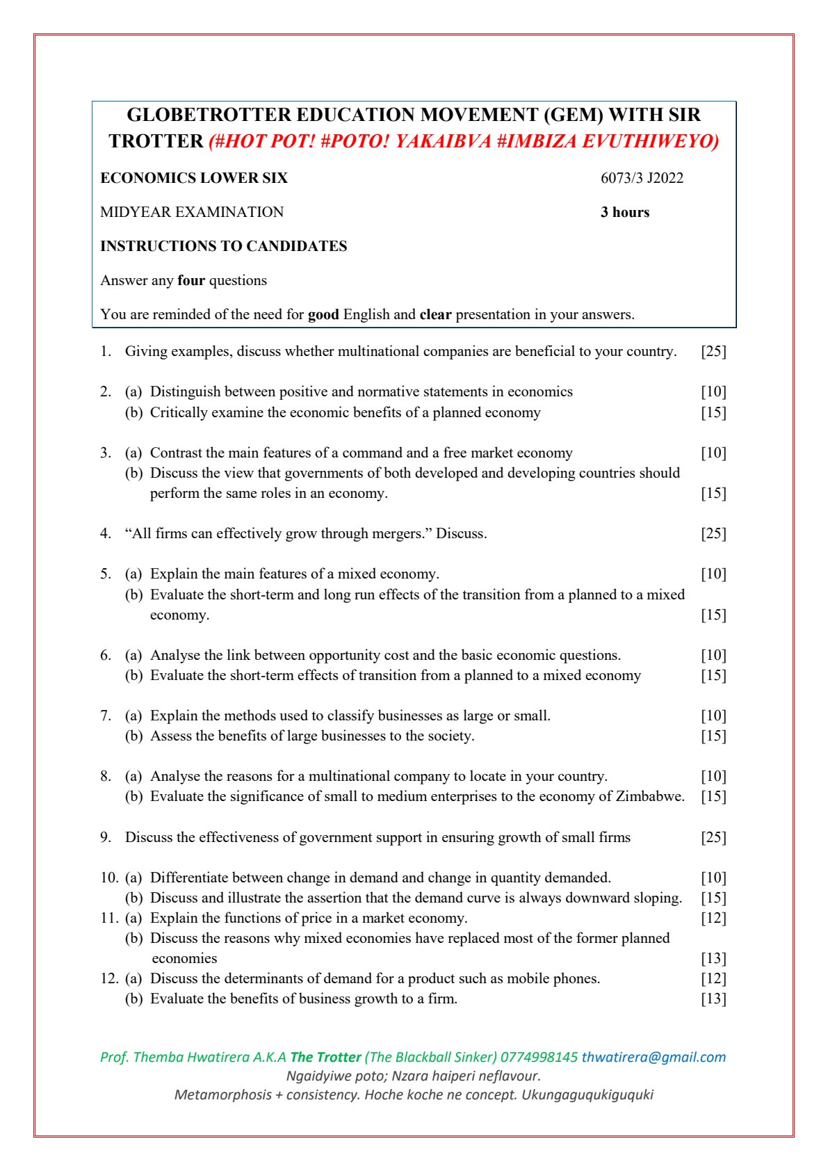 First page of Economics Lower Six Midyear Examination 2022 Question Paper