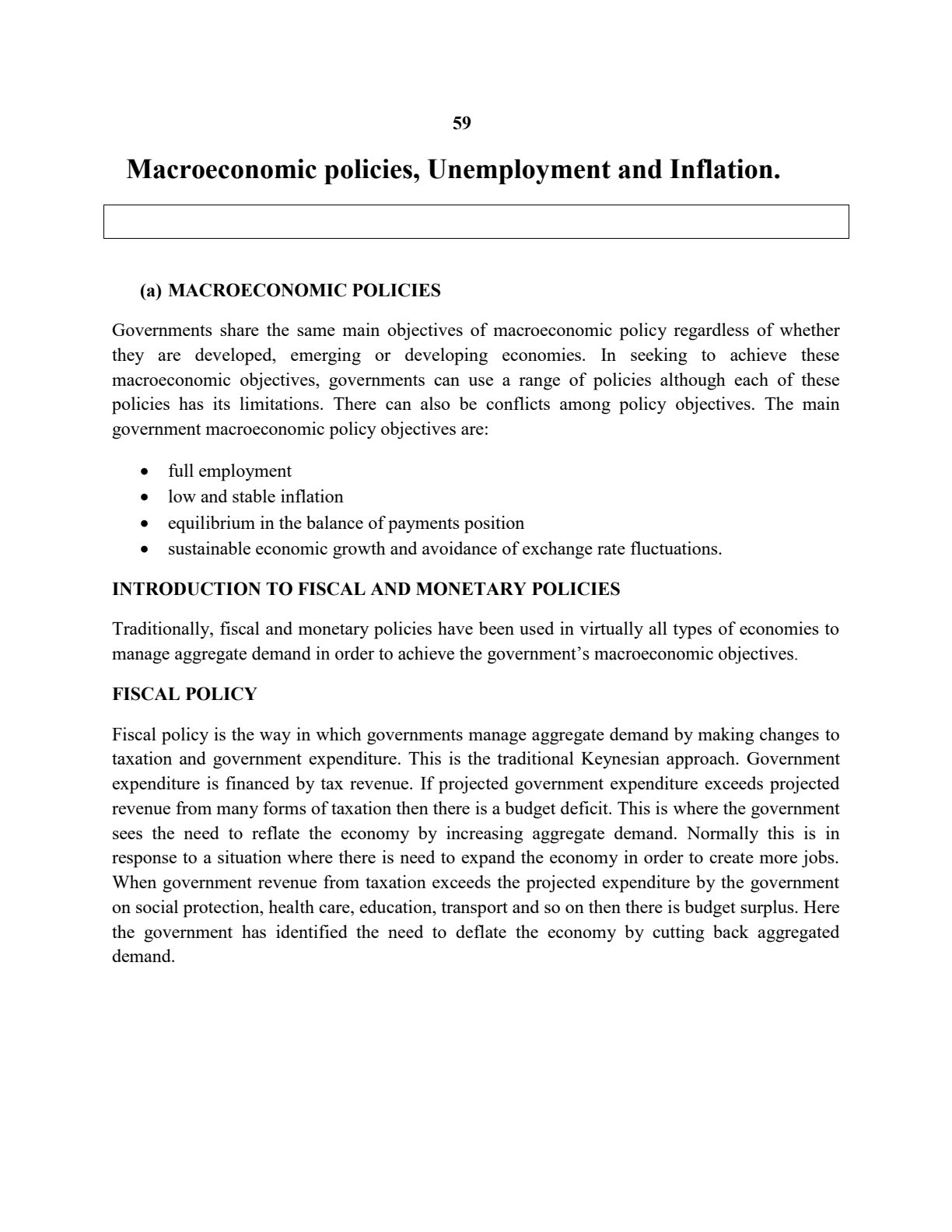 First page of Economics Macroeconomic policies, Unemployment and Inflation Notes Zimbabwe