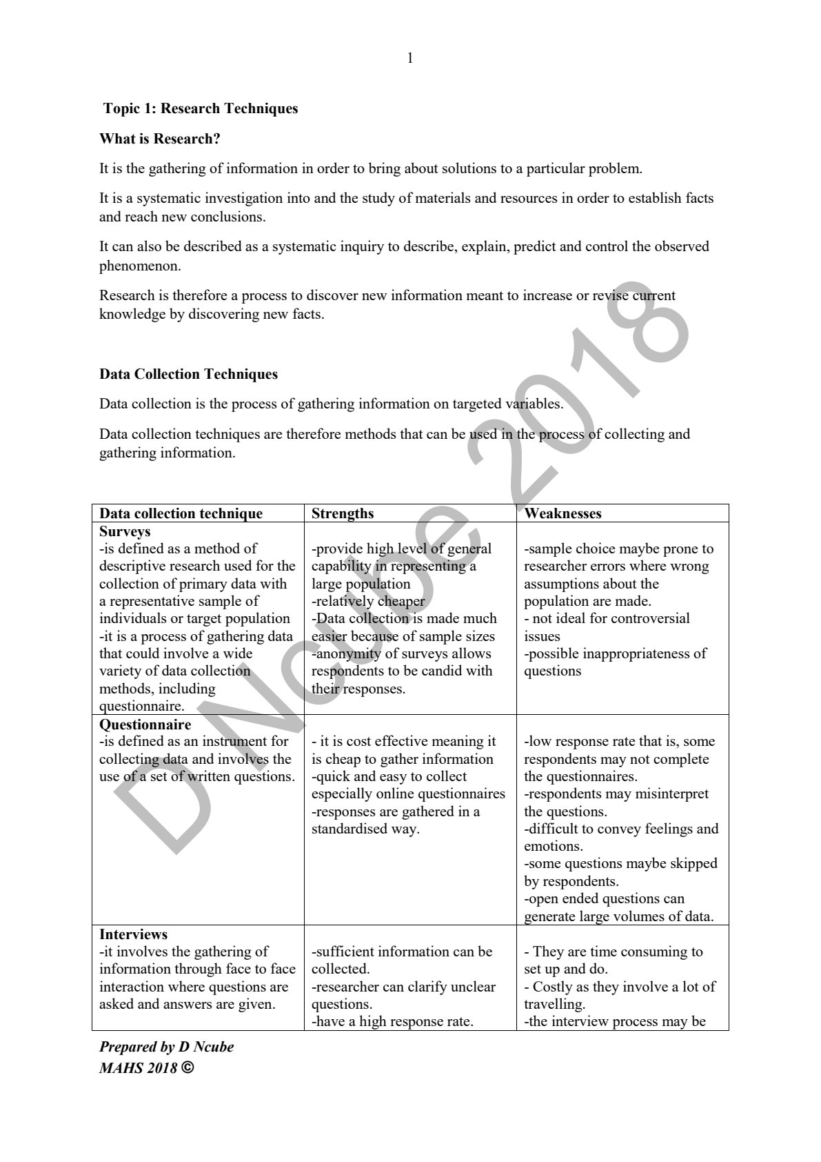 First page of Economics Research Techniques Notes Zimbabwe