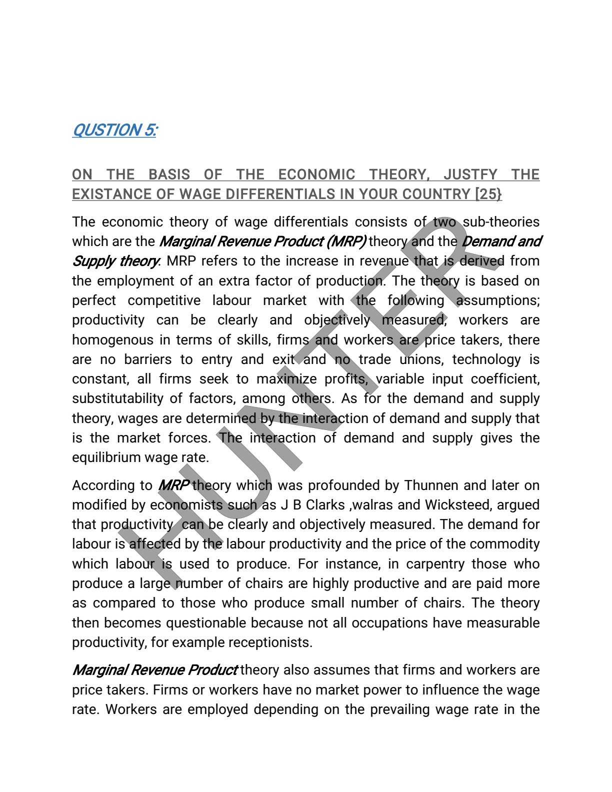 First page of Economics Wage Differentials Notes Zimbabwe