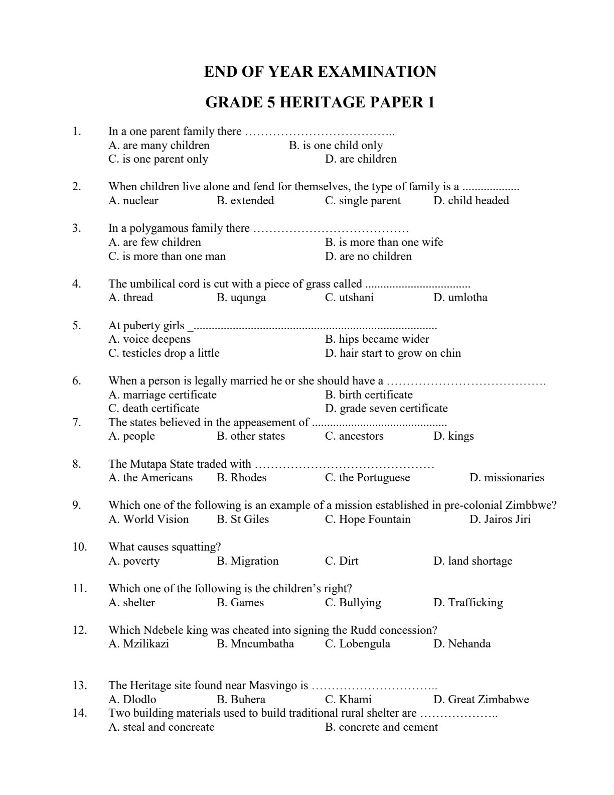 First page of End of Year Examination Grade 5 Heritage Paper 1 Question Paper