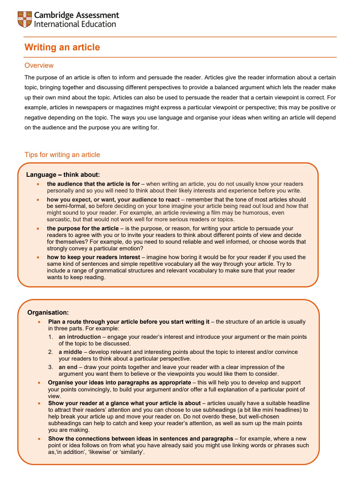 First page of English Language Writing an article Notes Zimbabwe