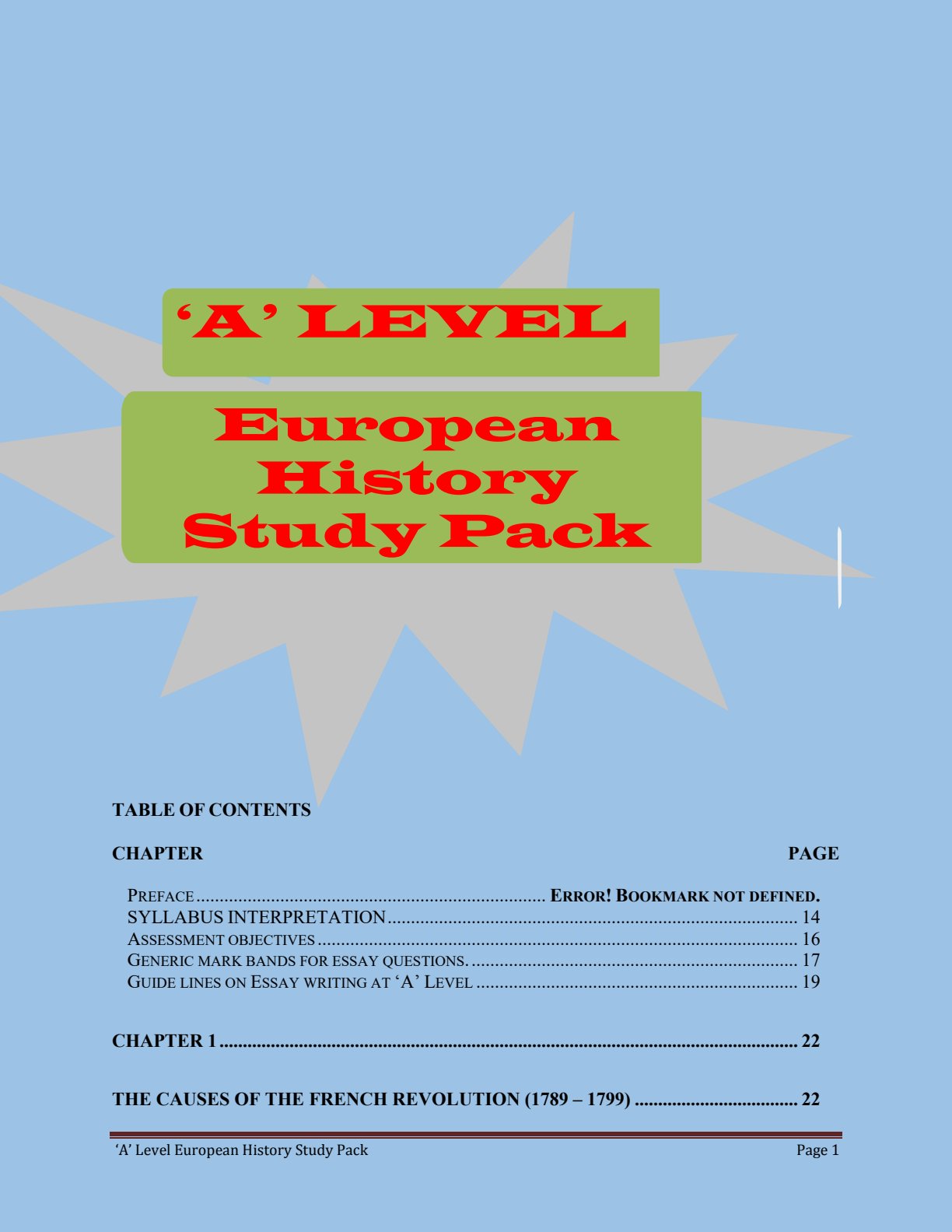 First page of European History Study Pack