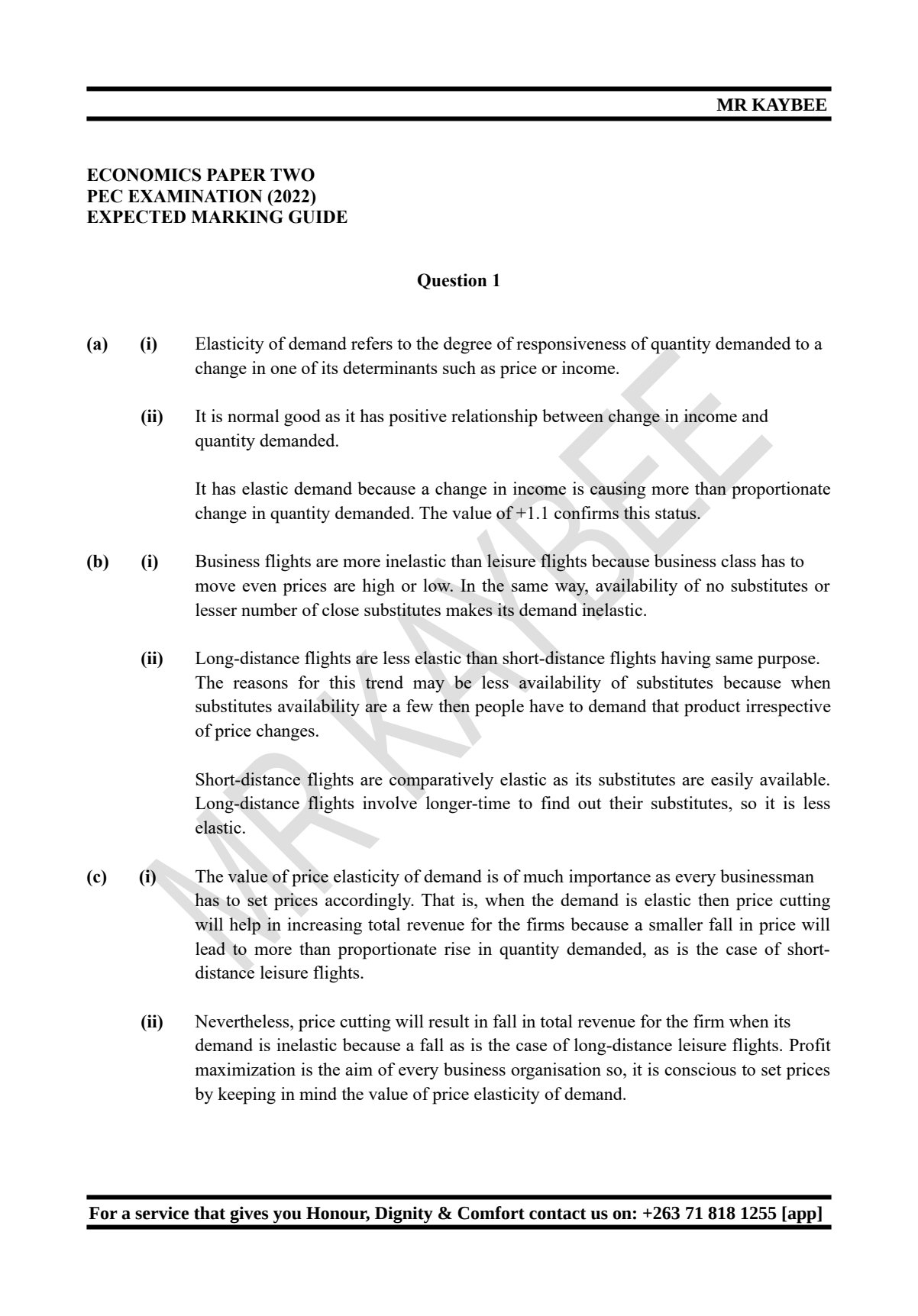 First page of Expected Marking Guide for Economics Paper Two