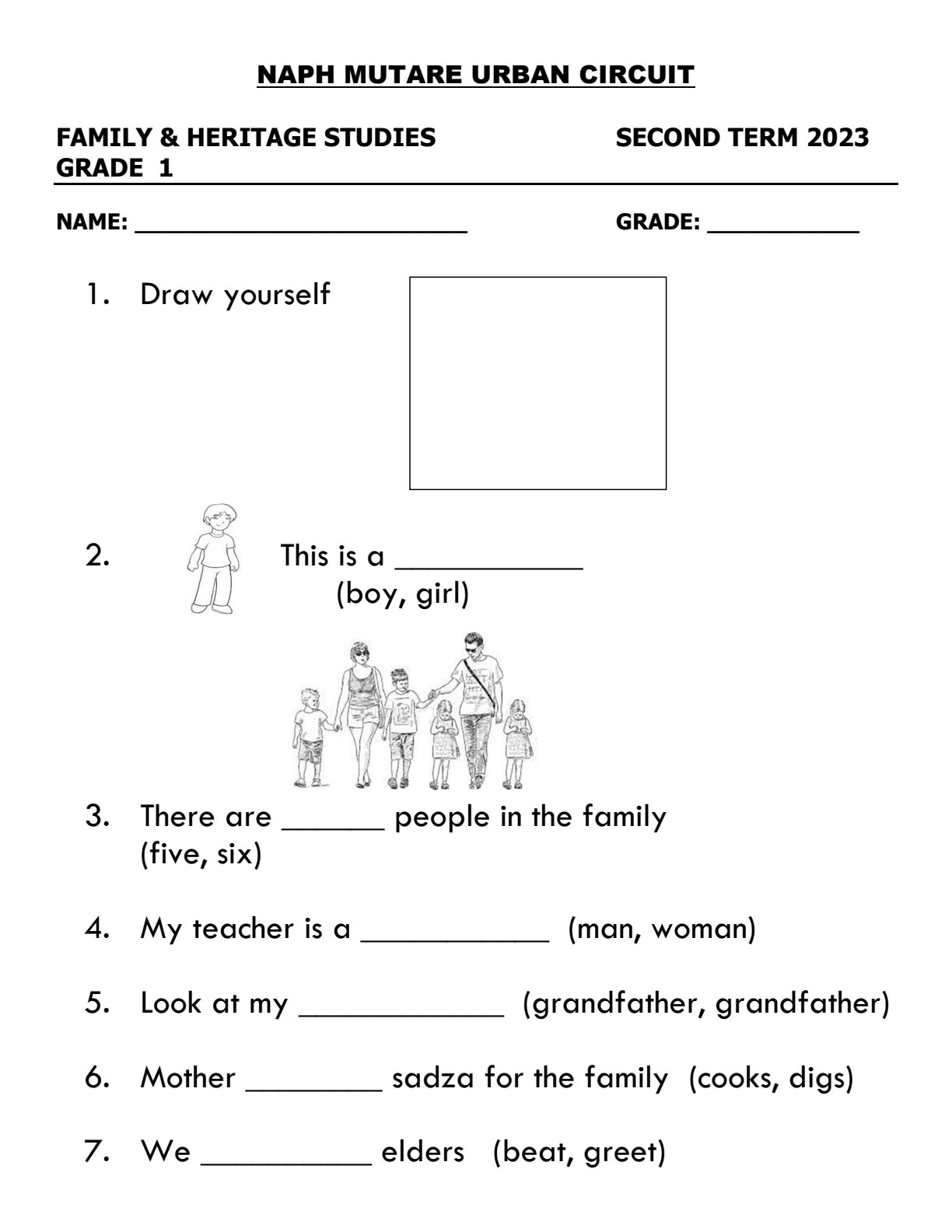 First page of Family and Heritage Studies Grade 1 Second Term 2023 Question Paper
