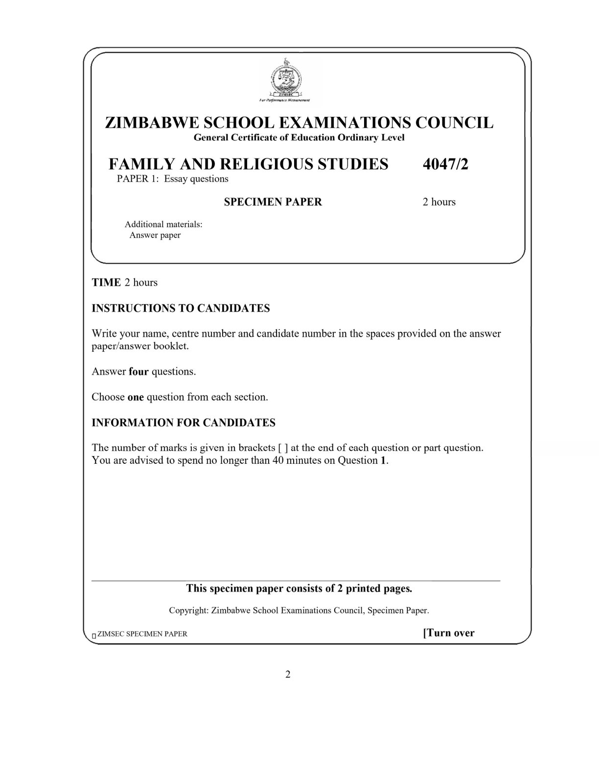 First page of Family and Religious Studies Specimen Paper Question Paper