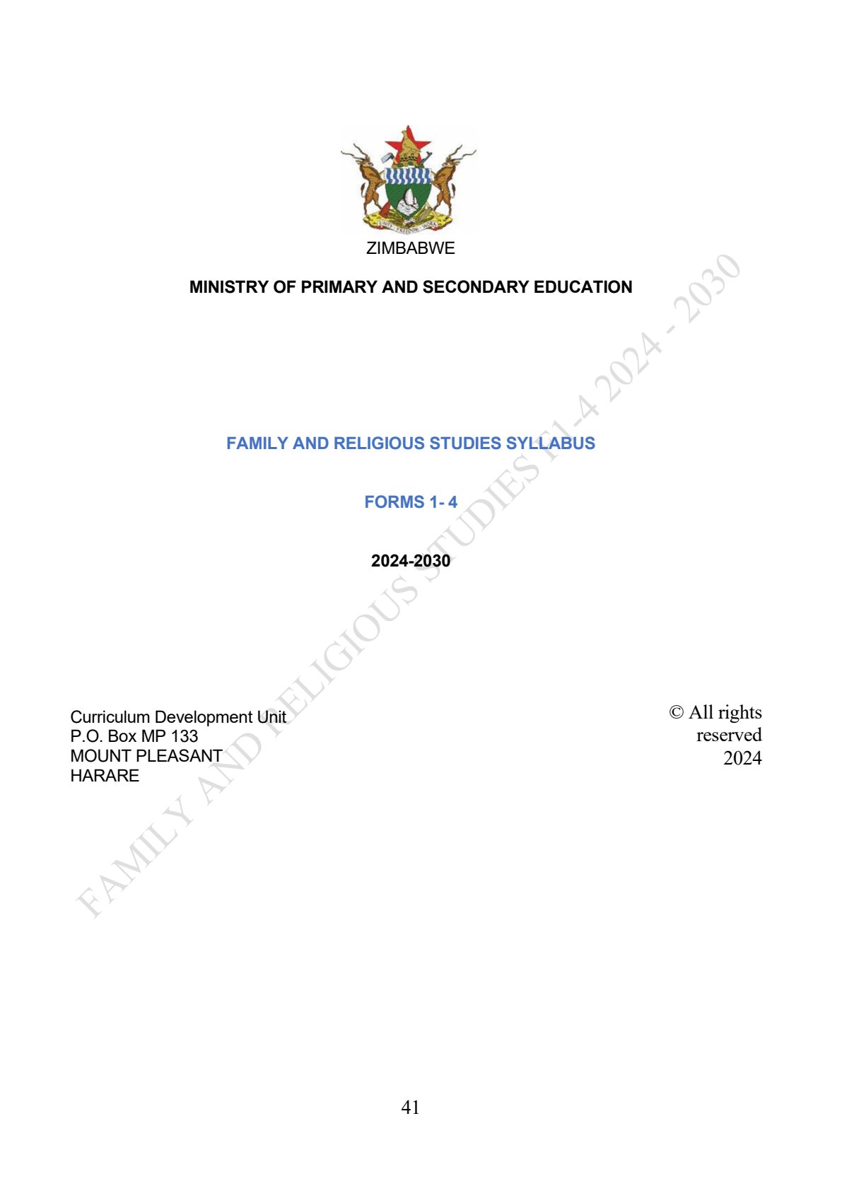 First page of Family and Religious Studies Syllabus Forms 1-4