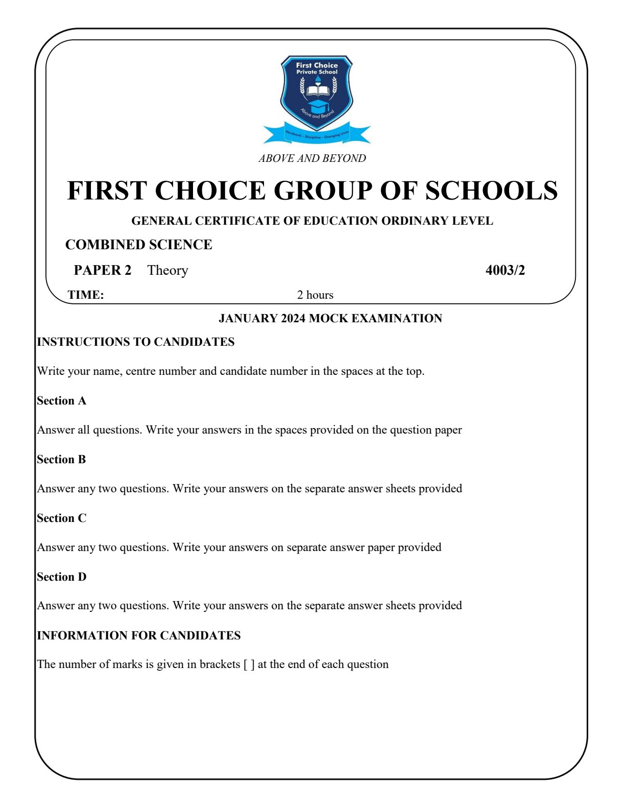 First page of First Choice Group of Schools O-Level Combined Science January Mock 2024 Question Paper
