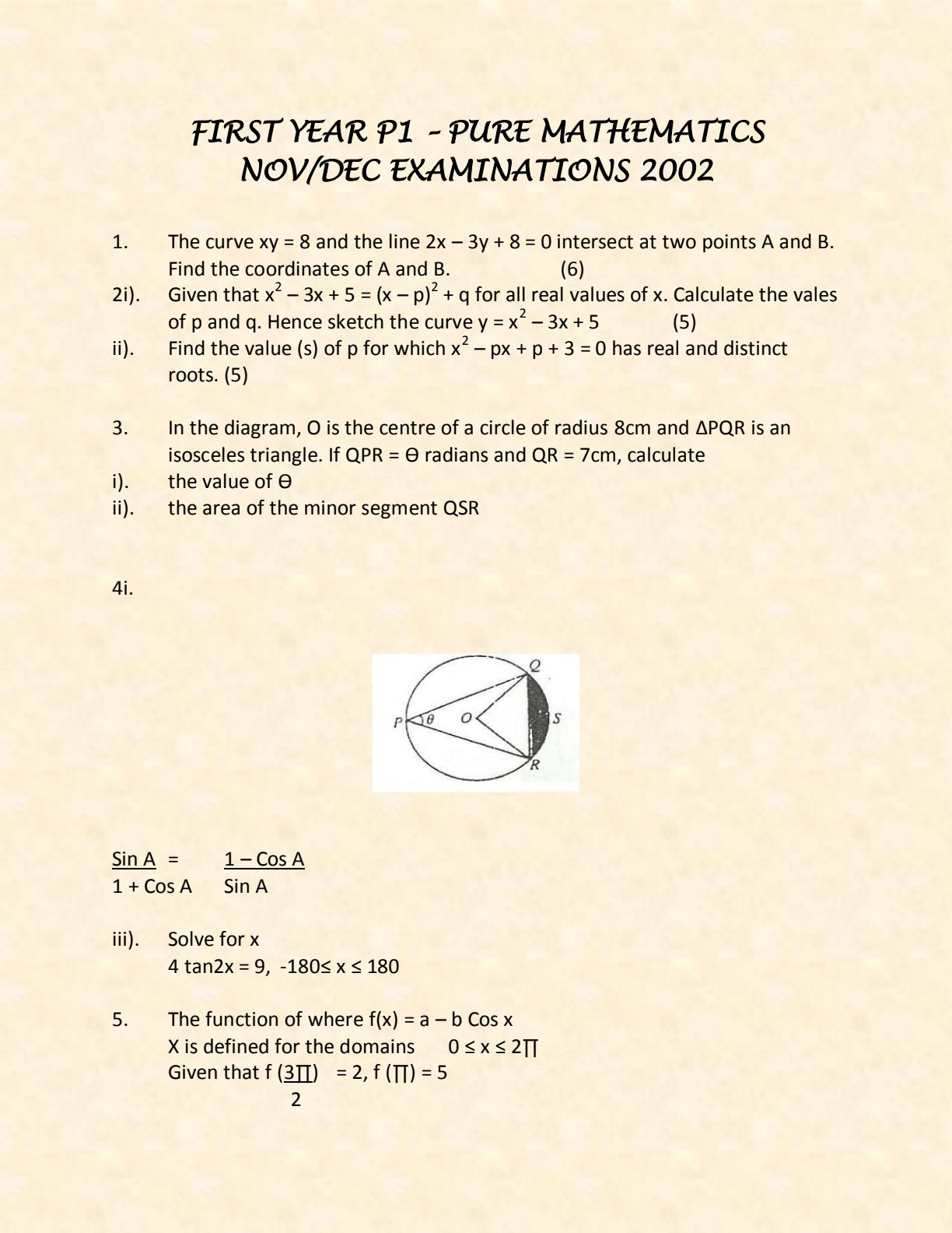 First page of FIRST YEAR P1 - PURE MATHEMATICS NOV/DEC EXAMINATIONS 2002 Question Paper