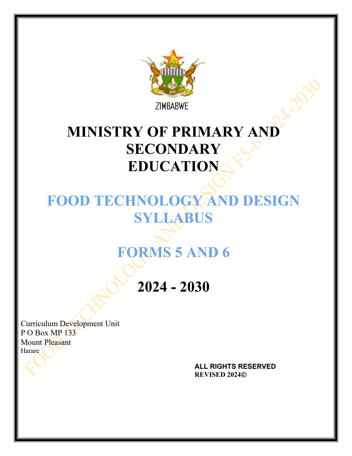 First page of Food Technology and Design Syllabus Forms 5 and 6 2024-2030