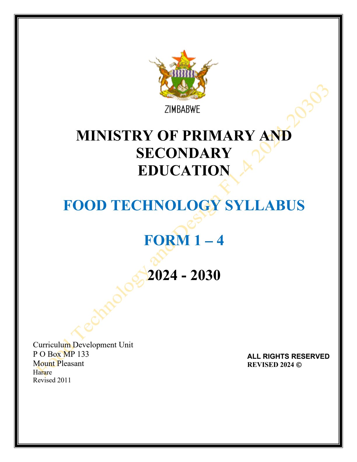 First page of Food Technology Syllabus Form 1-4