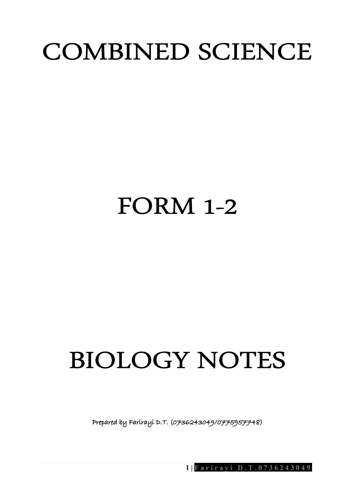 First page of Form 1-2 Combined Science Biology Notes Zimbabwe