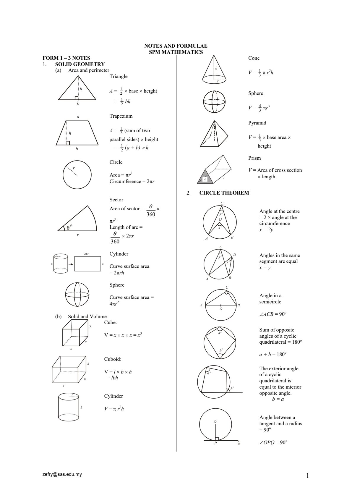 First page of Form 1-3 Mathematics Solid Geometry, Circle Theorem Notes Malaysia