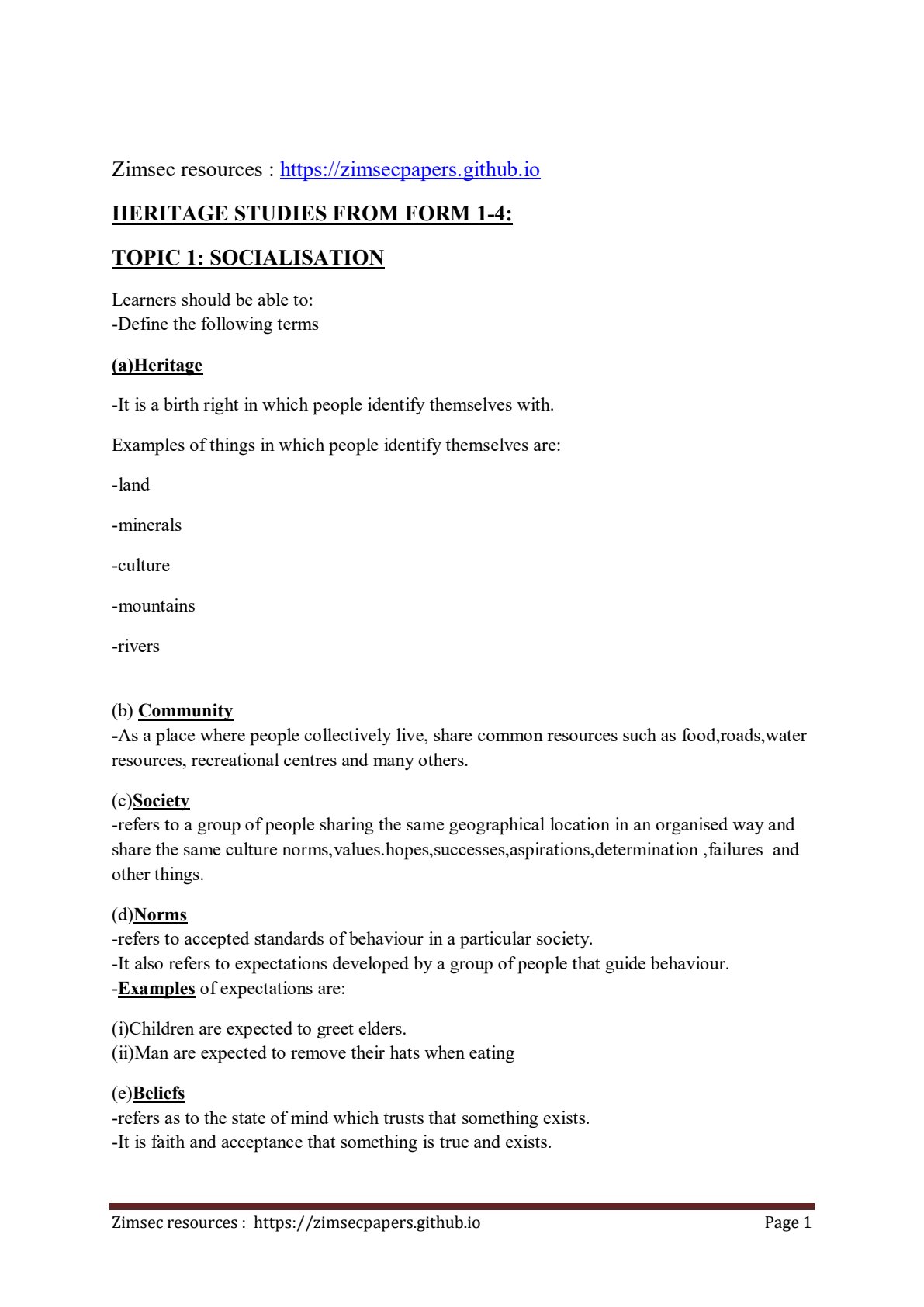 First page of Form 1-4 Family and Heritage Studies Socialisation Notes Zimbabwe