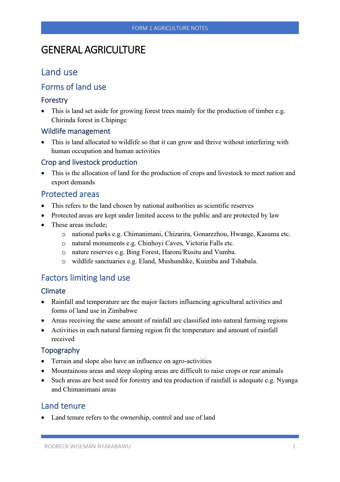 First page of Form 1 Agriculture General Agriculture Notes Zimbabwe