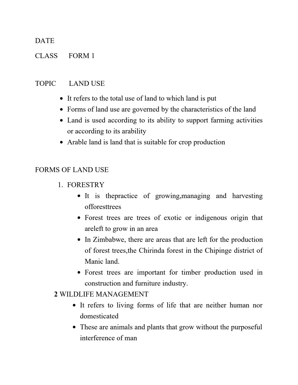First page of Form 1 Agriculture Land Use Notes Zimbabwe