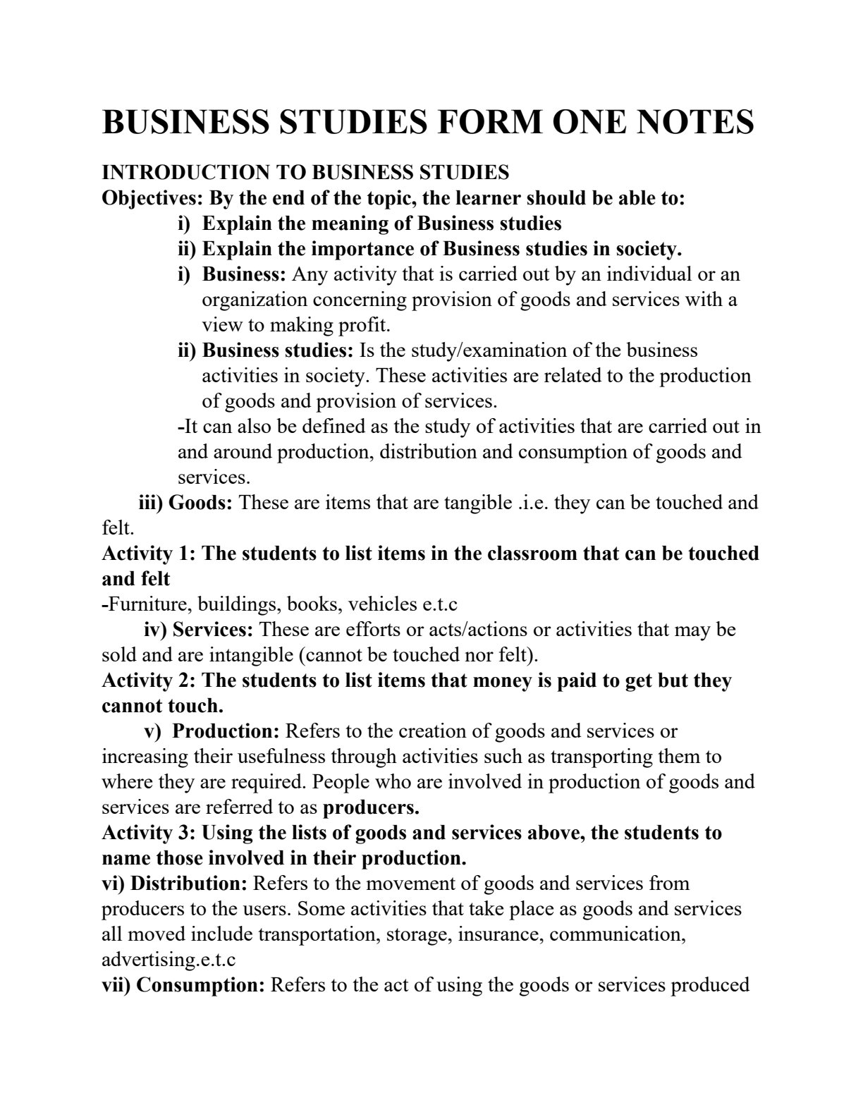 First page of Form 1 Business Studies Introduction to Business Studies Notes Zimbabwe