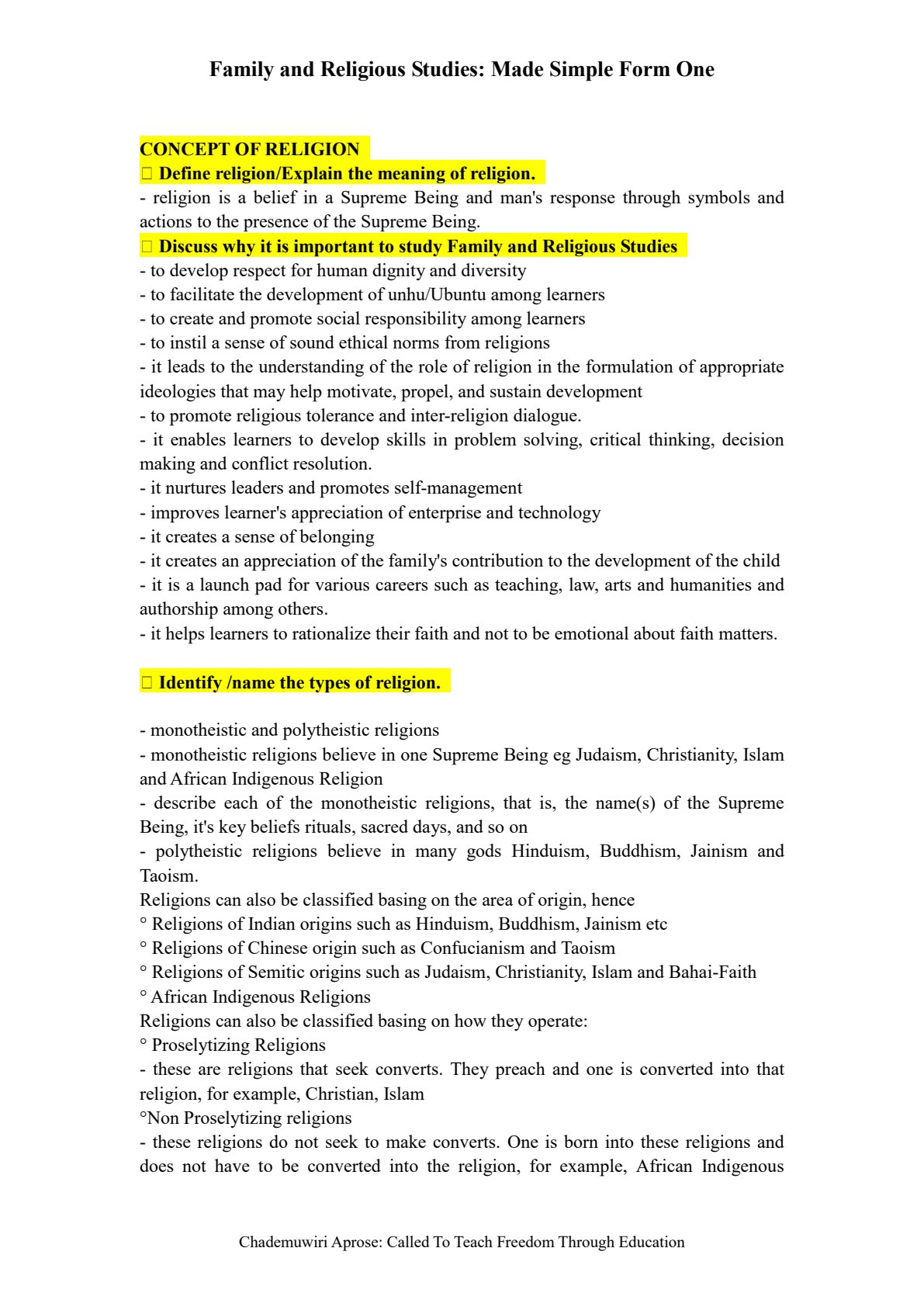 First page of Form 1 Family and Religious Studies Notes Zimbabwe