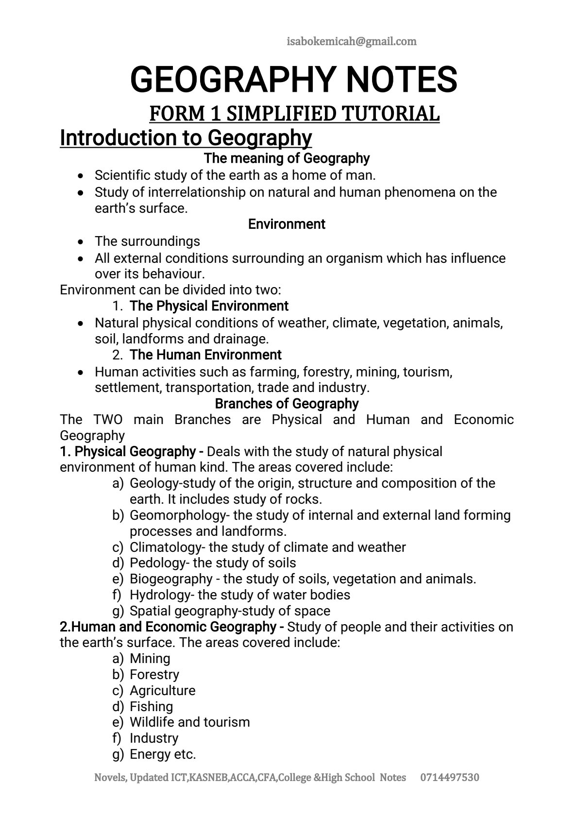 First page of Form 1 Geography Introduction to Geography Notes Zimbabwe