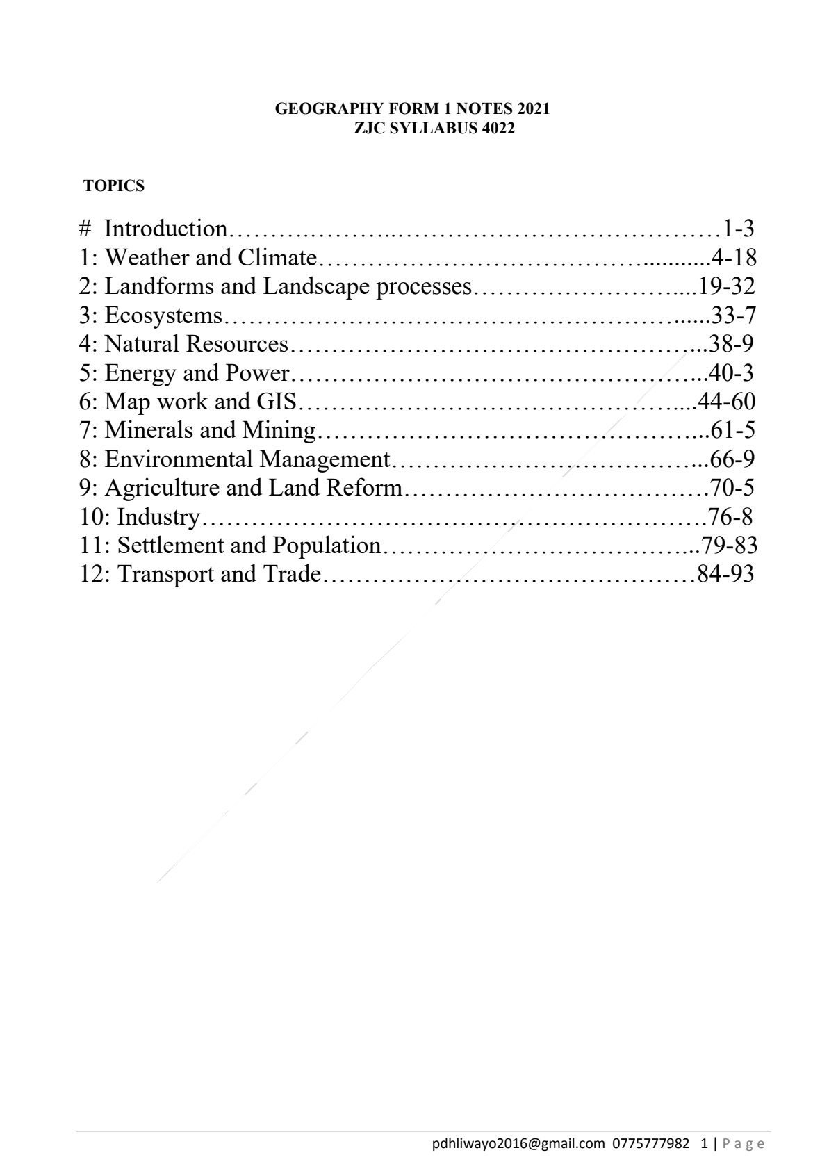 First page of Form 1 Geography Notes Zimbabwe