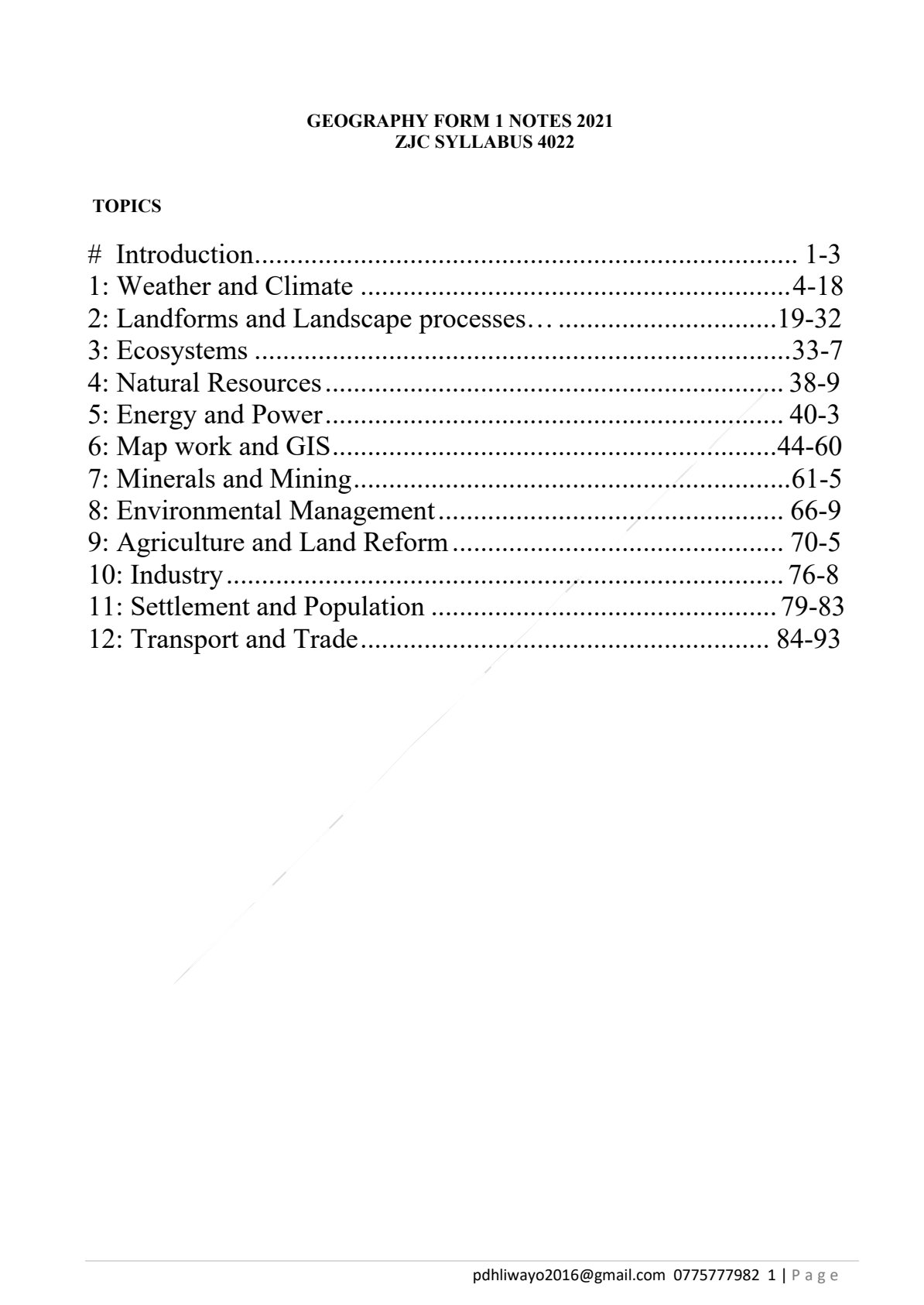 First page of Form 1 Geography Notes Zimbabwe
