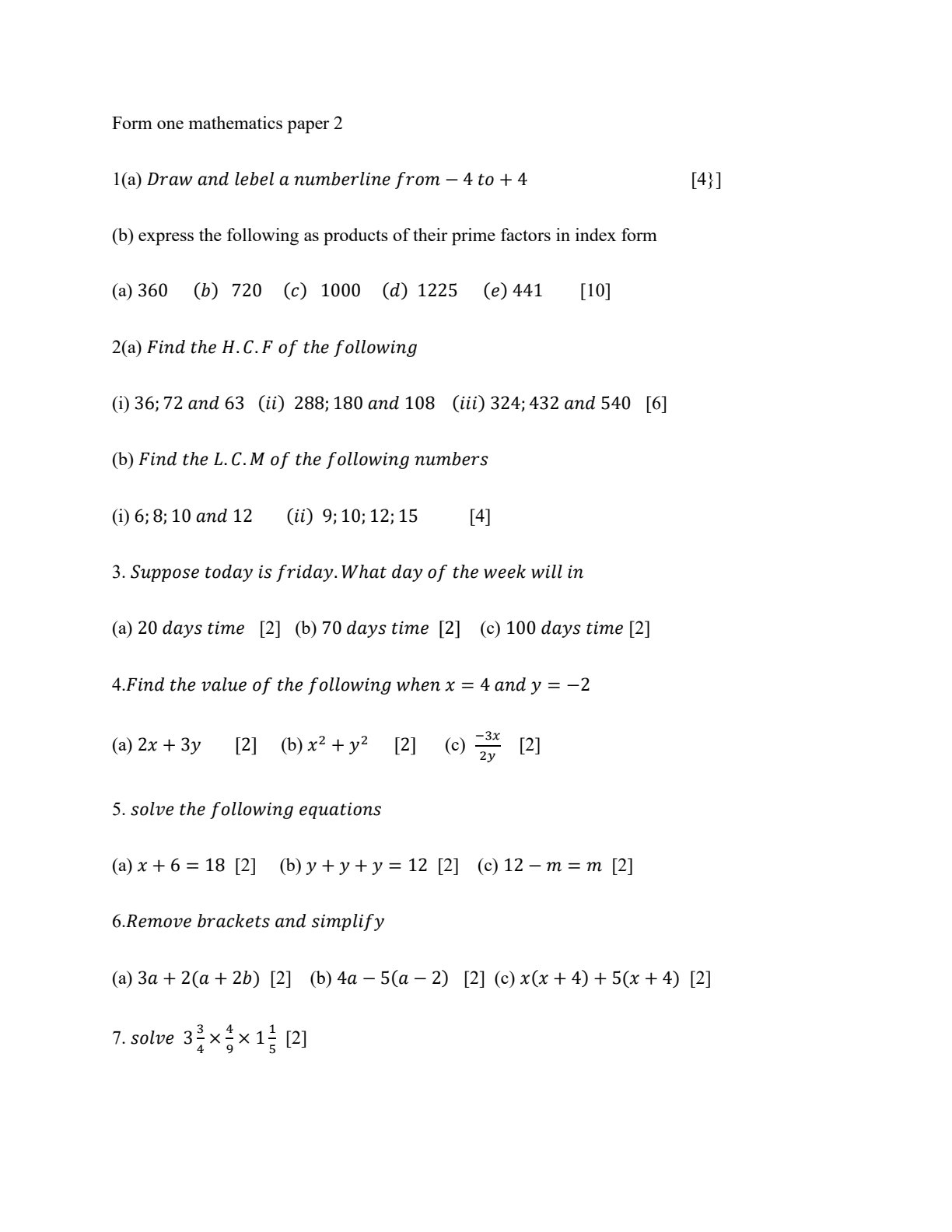 First page of Form 1 Mathematics Question Paper