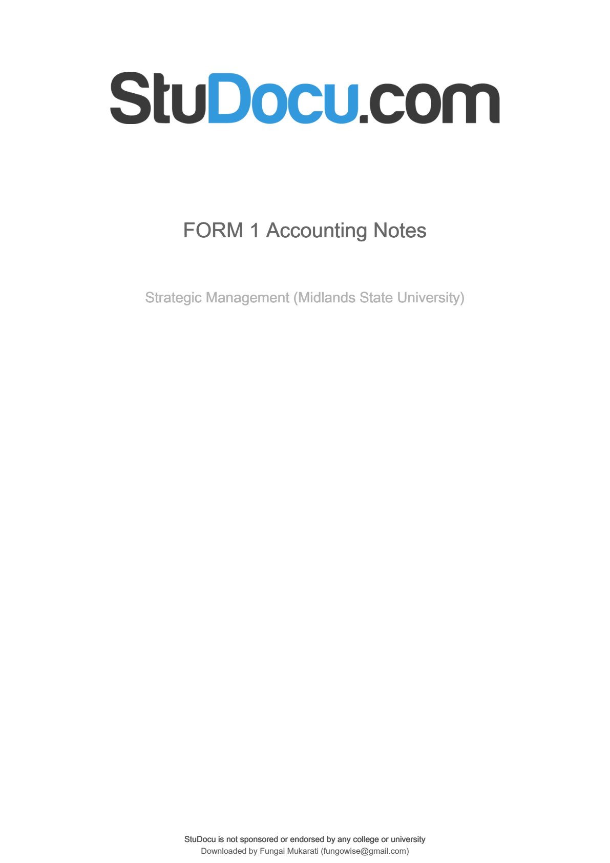 First page of Form 1 Principles of Accounts Notes Zimbabwe