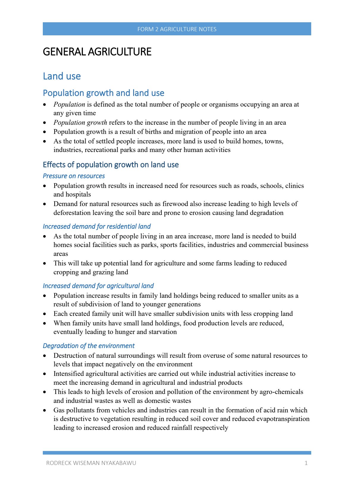 First page of Form 2 Agriculture General Agriculture - Land Use Notes Zimbabwe