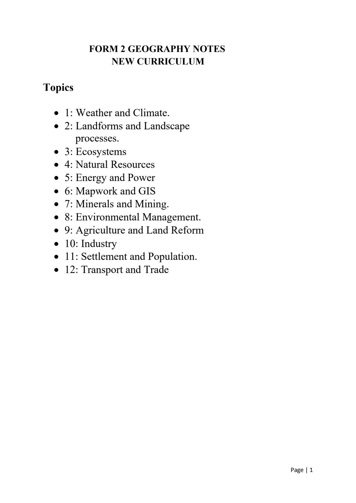 First page of Form 2 Geography Notes Zimbabwe