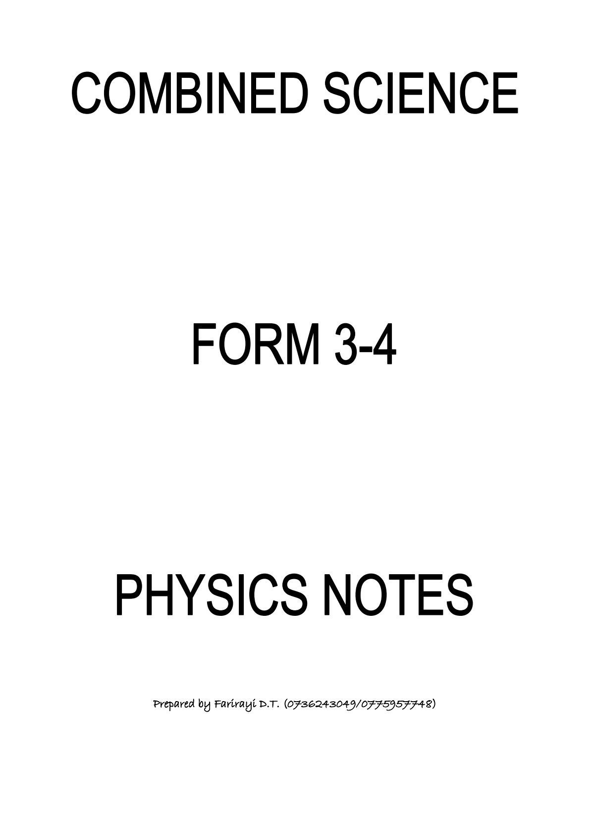 First page of Form 3-4 Combined Science Physics Notes Zimbabwe