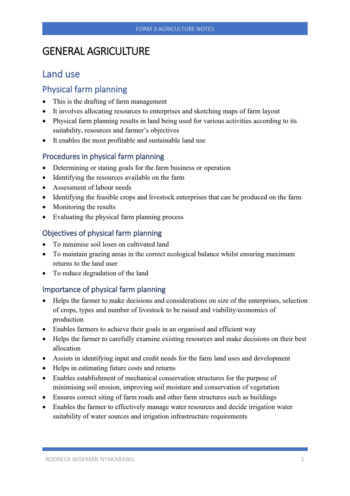 First page of Form 3 Agriculture Physical Farm Planning Notes Zimbabwe