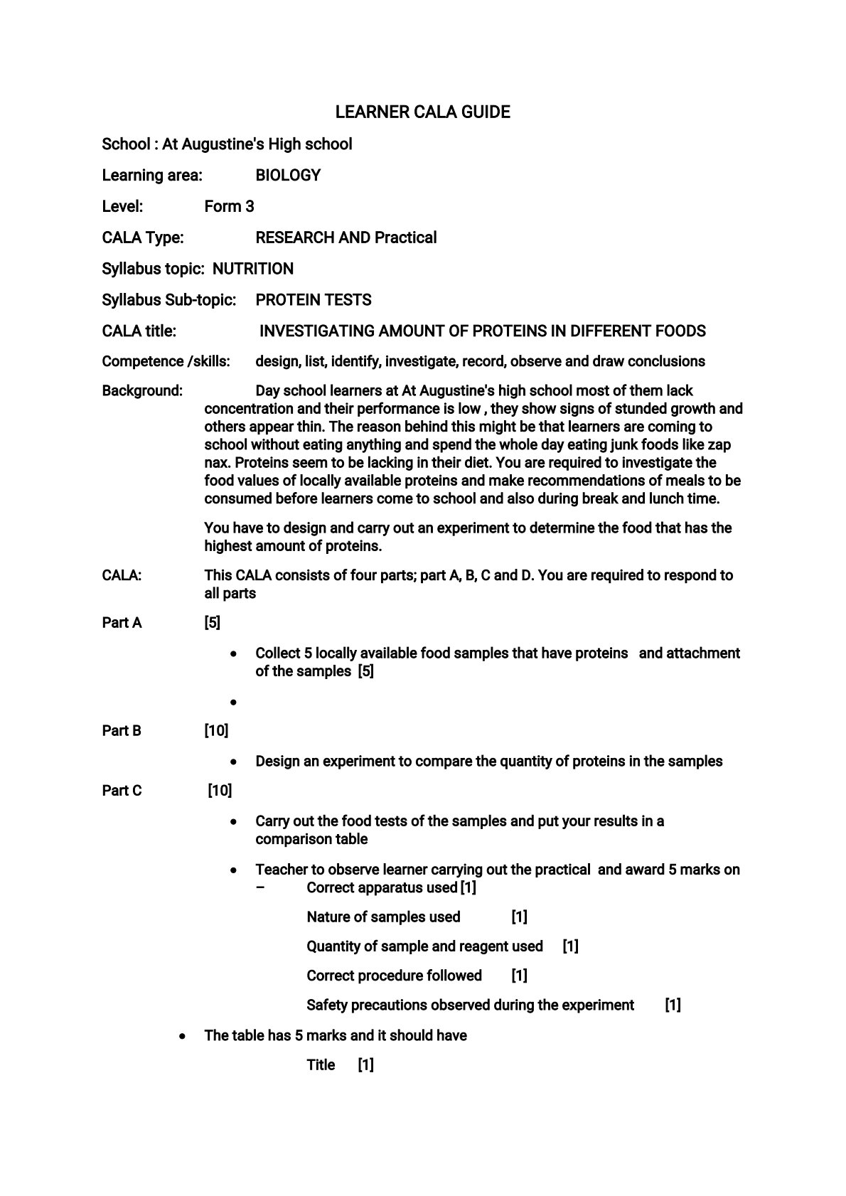 First page of Form 3 Biology Protein Tests Worksheet Zimbabwe