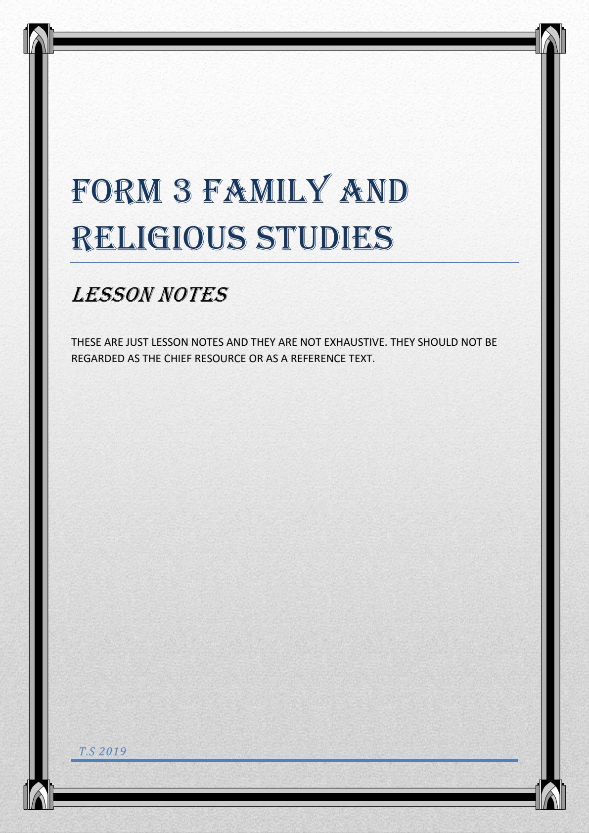 First page of Form 3 Family and Religious Studies Notes Zimbabwe