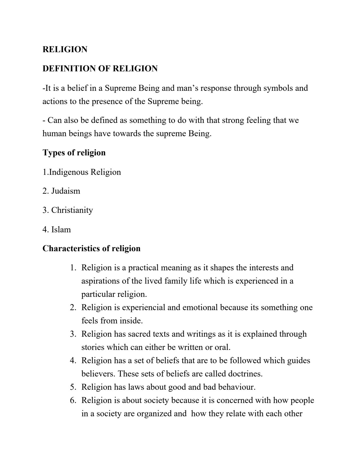First page of Form 3 Religious Studies Religion Notes Zimbabwe