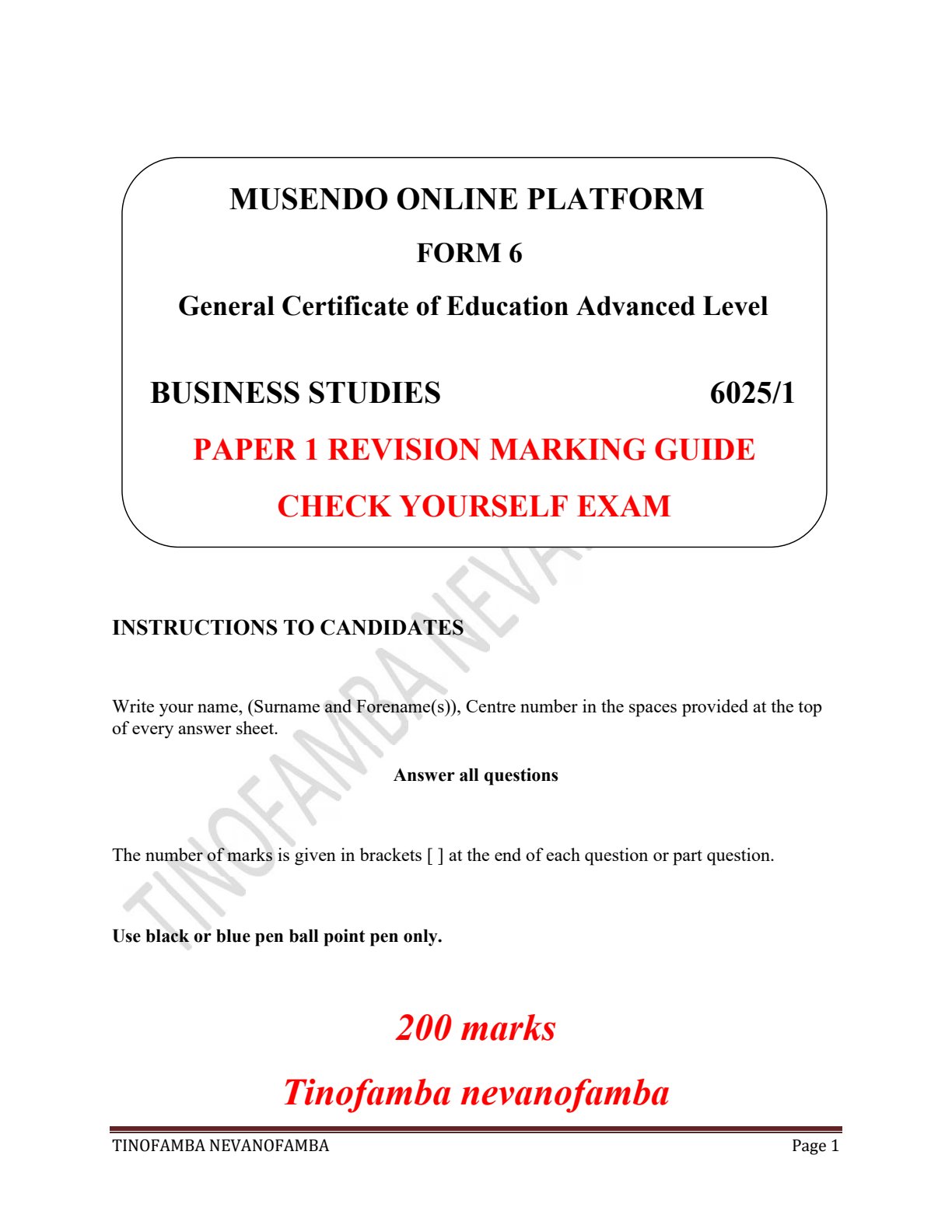 First page of Form 6 Business Studies Paper 1 Revision Marking Guide