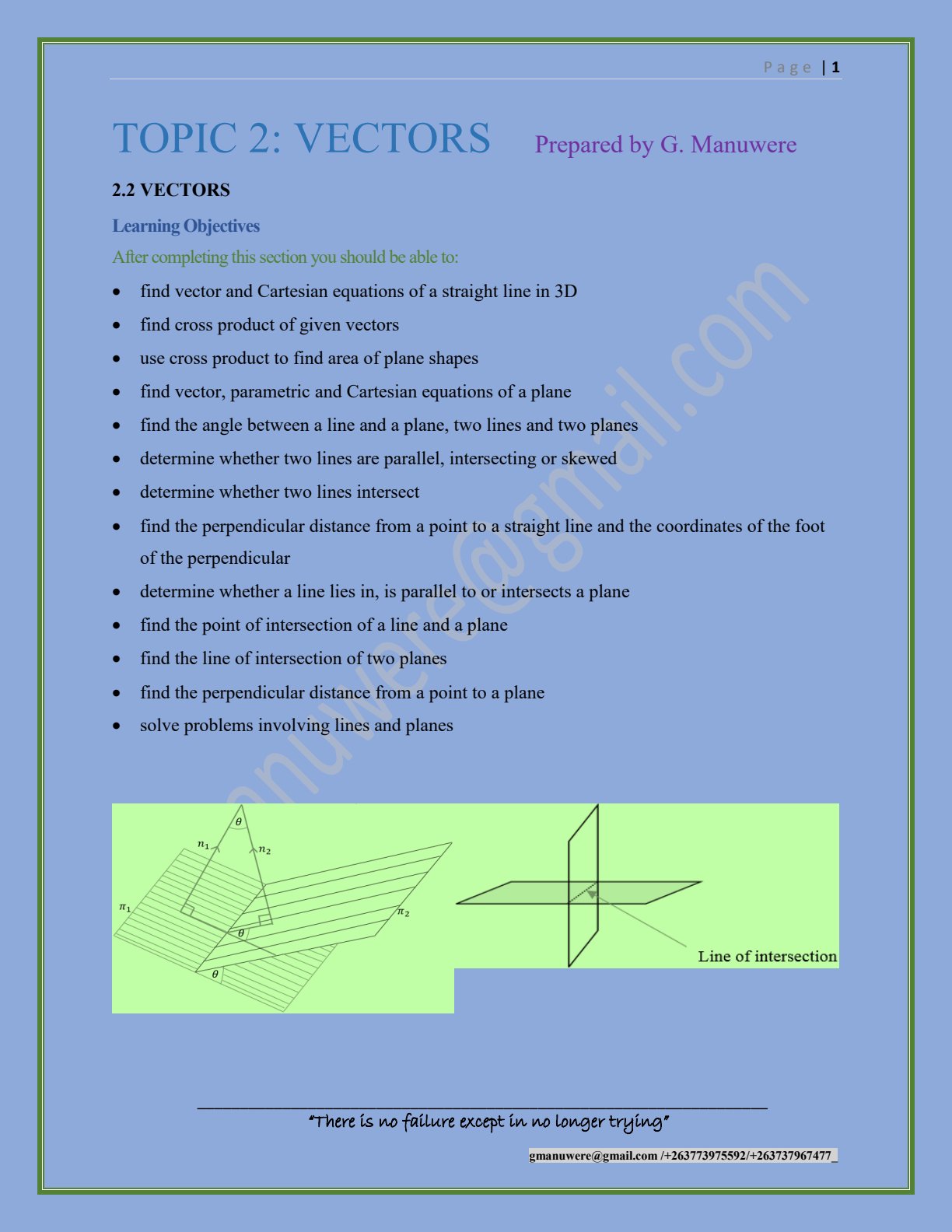 First page of Form 6 Mathematics Vectors Notes Zimbabwe