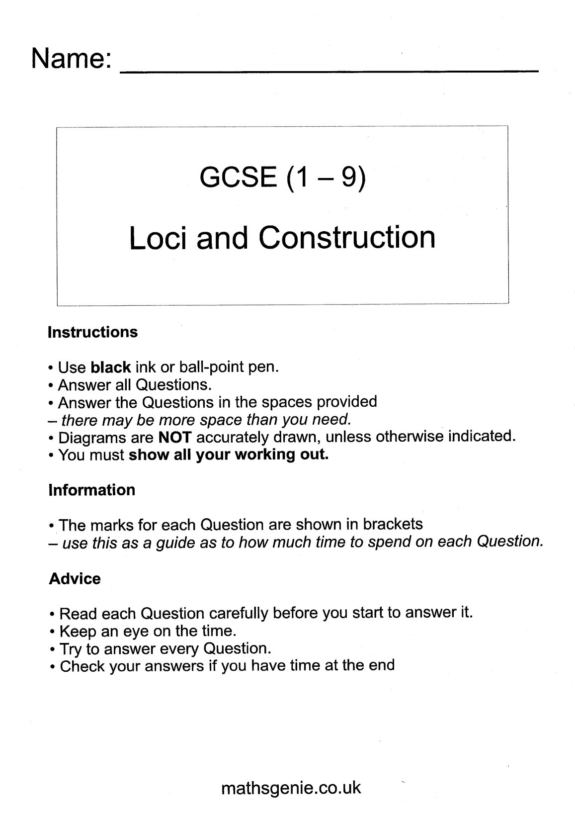 First page of GCSE (1-9) Loci and Construction