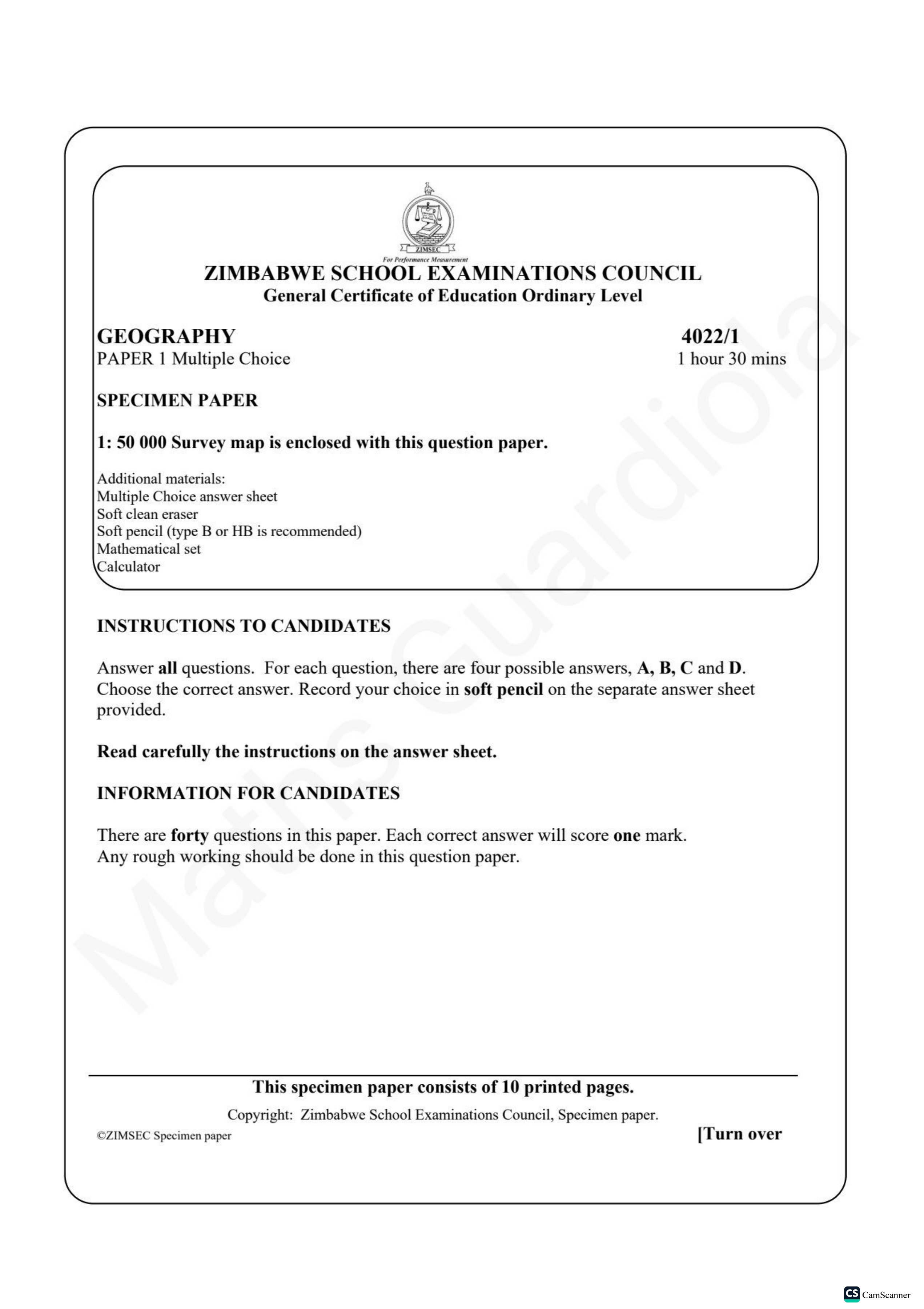 First page of Geography 4022/1 Specimen Paper Question Paper