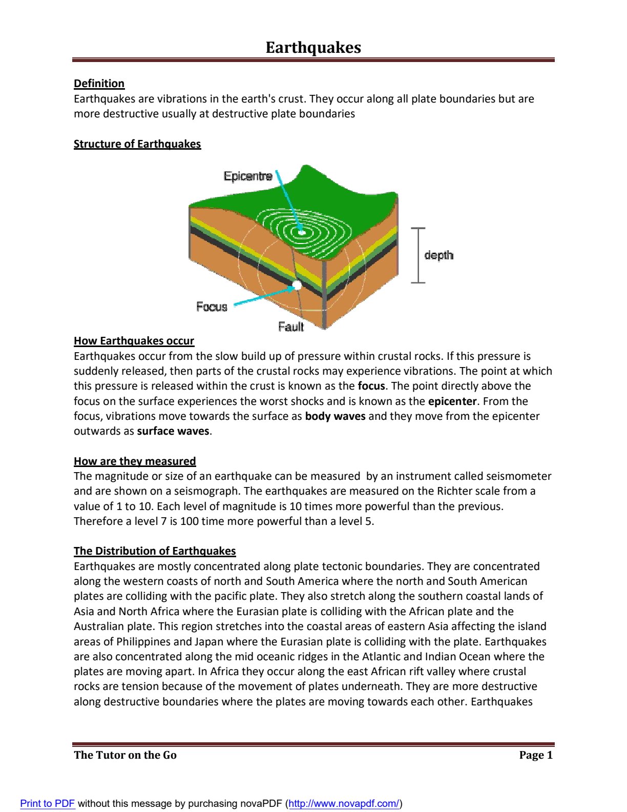 First page of Geography Earthquakes Notes Zimbabwe